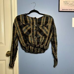 Free People Plaid Cropped Long Sleeve Top